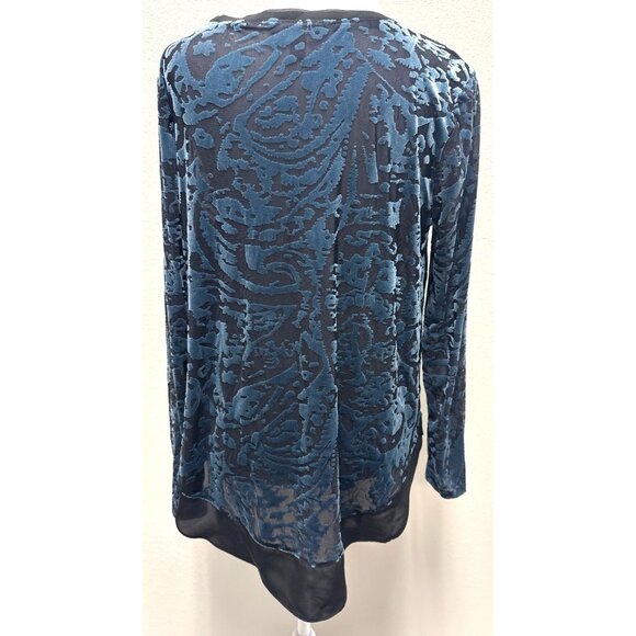 Simply Vera Wang Burnt Out Velvet Chiffon Tunic Blouse Blue Black Trim Pm Gothic - Picture 3 of 15